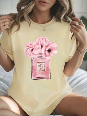 Women's Cream Short Sleeve Tee with Pink Floral Perfume Bottle Graphic